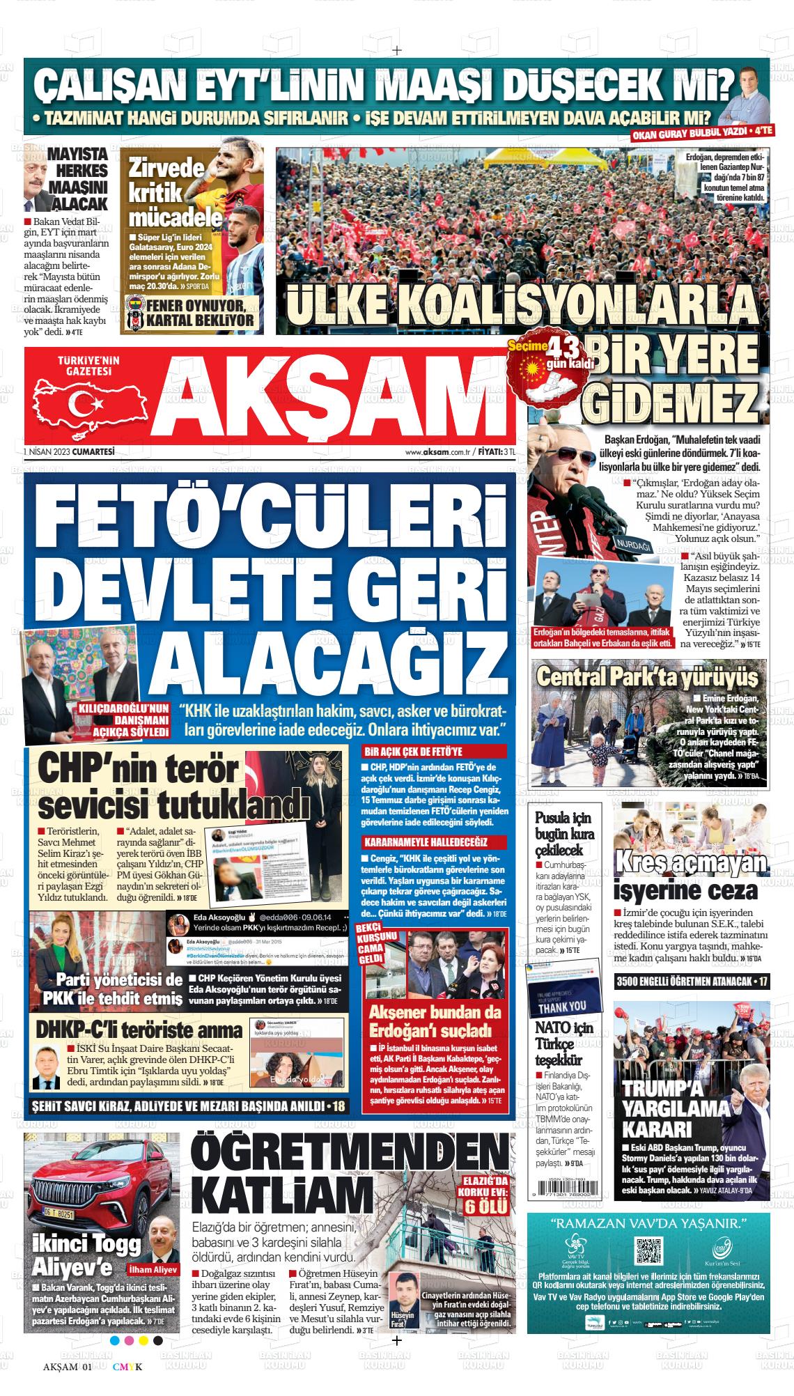 01 Nisan 2023 Akşam Gazete Manşeti