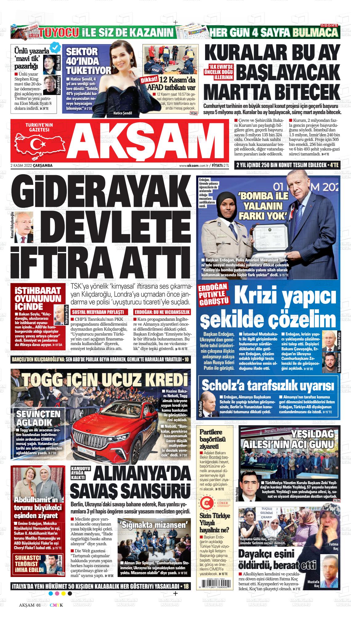 02 Kasım 2022 Akşam Gazete Manşeti