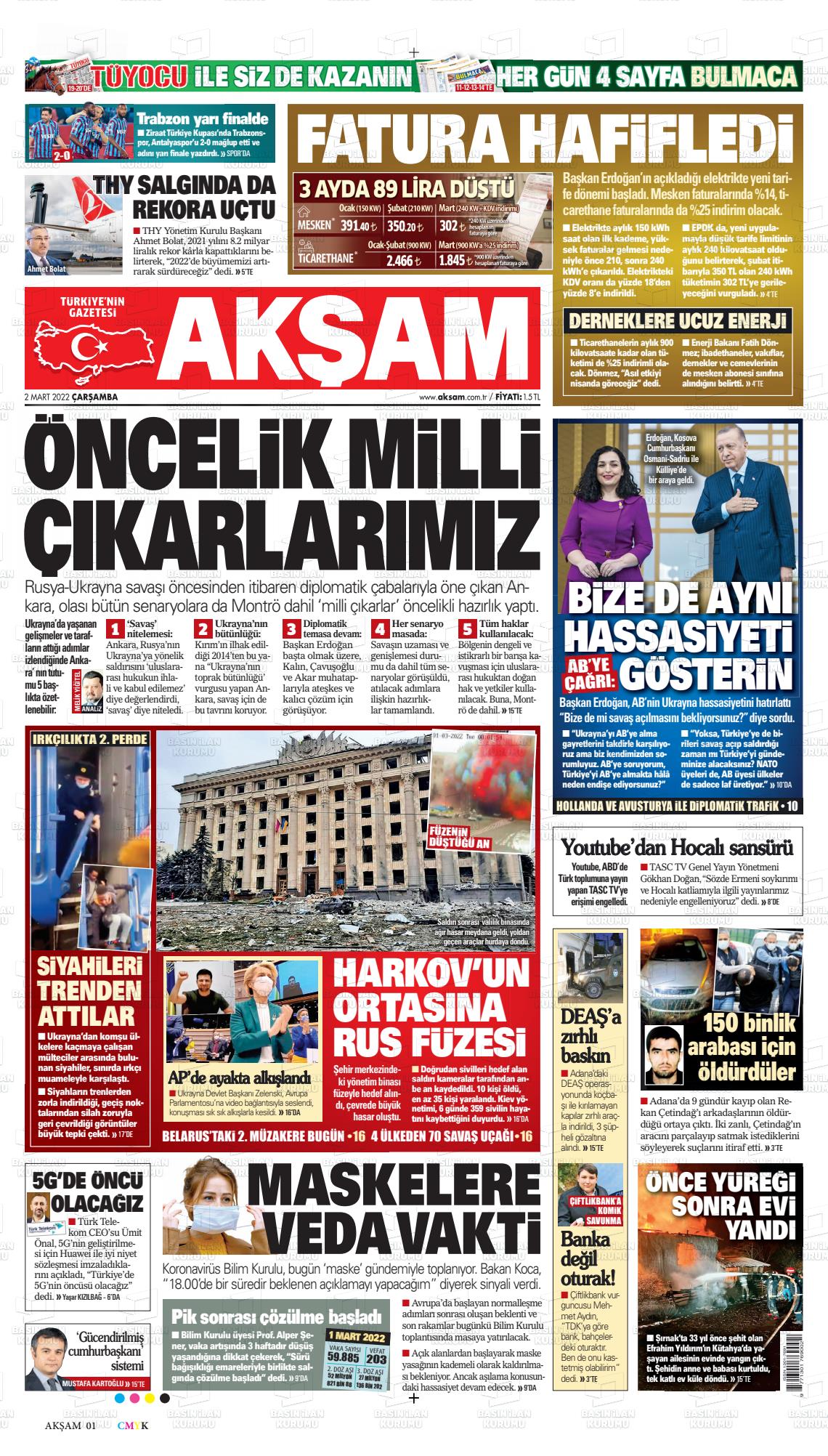 02 Mart 2022 Akşam Gazete Manşeti