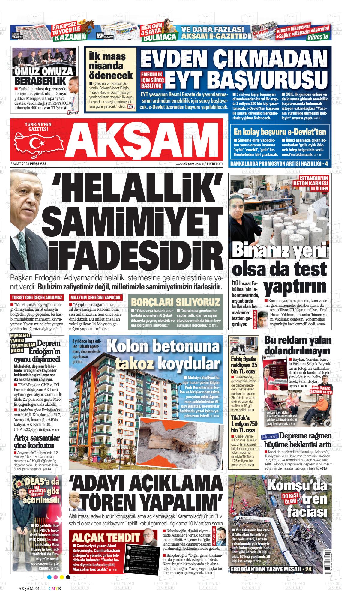 02 Mart 2023 Akşam Gazete Manşeti