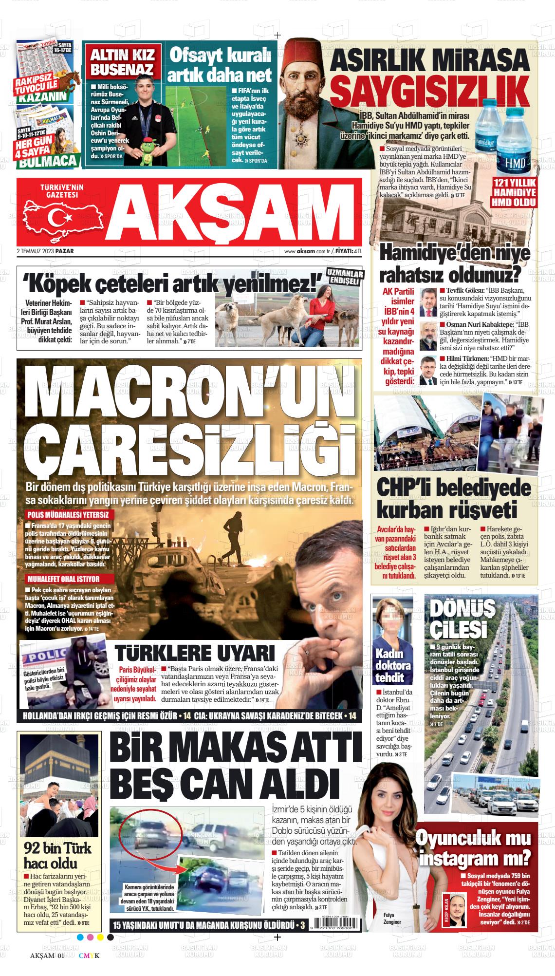 02 Temmuz 2023 Akşam Gazete Manşeti