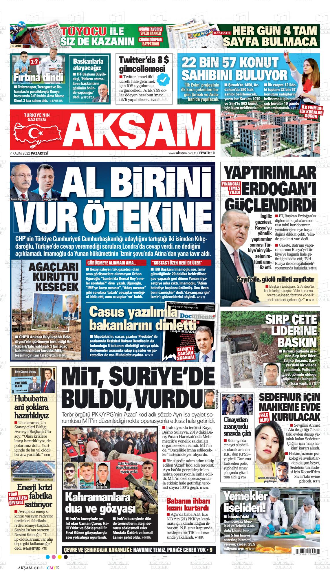 07 Kasım 2022 Akşam Gazete Manşeti