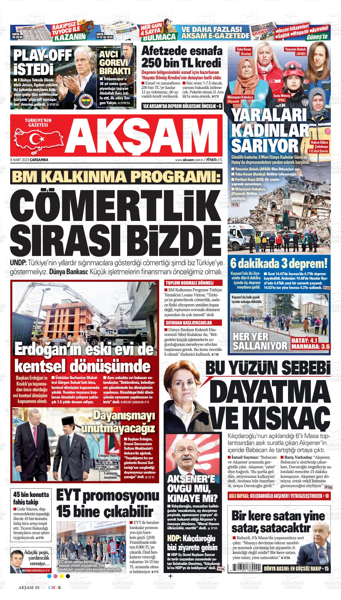 08 Mart 2023 Akşam Gazete Manşeti