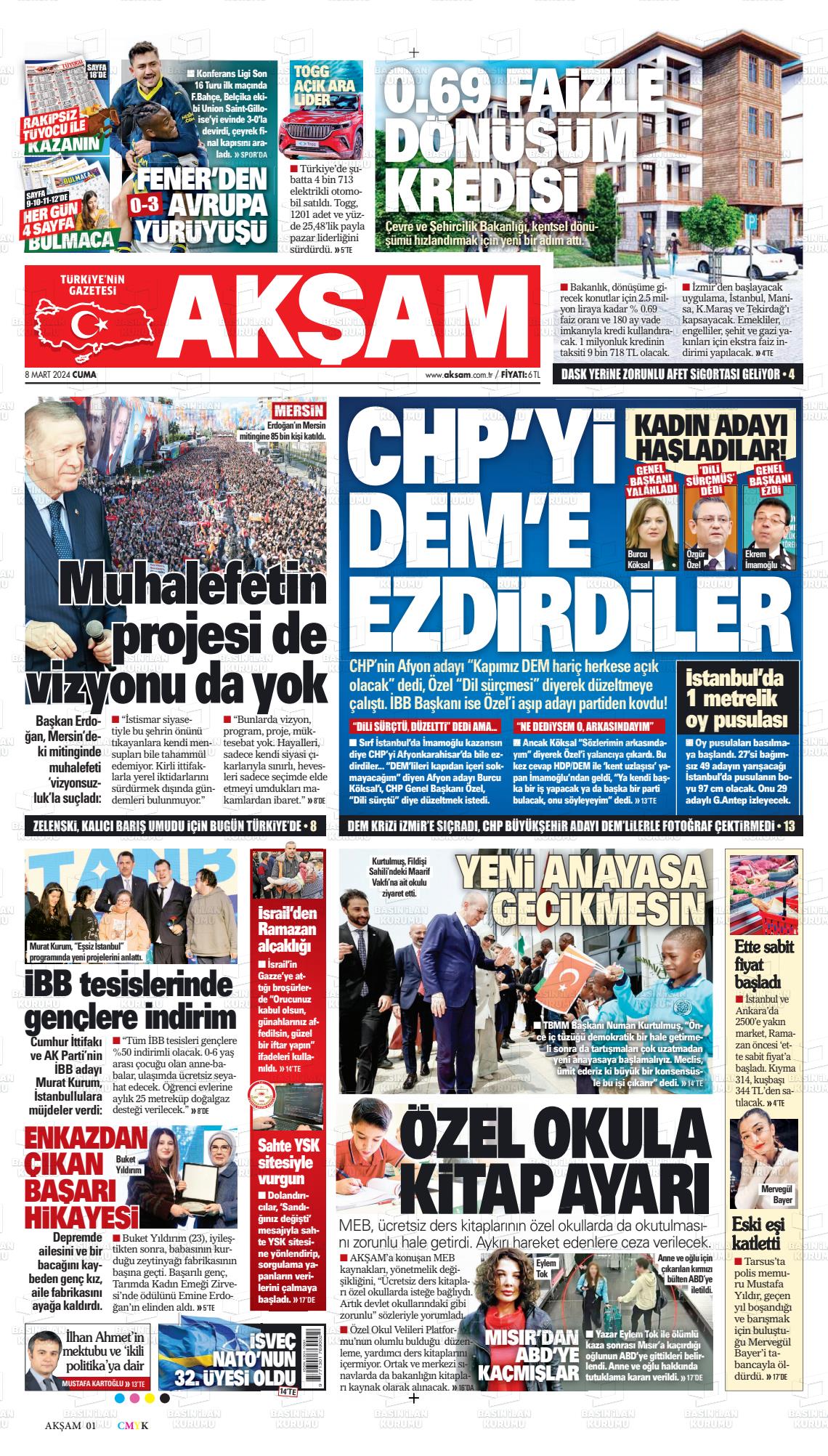 08 Mart 2024 Akşam Gazete Manşeti