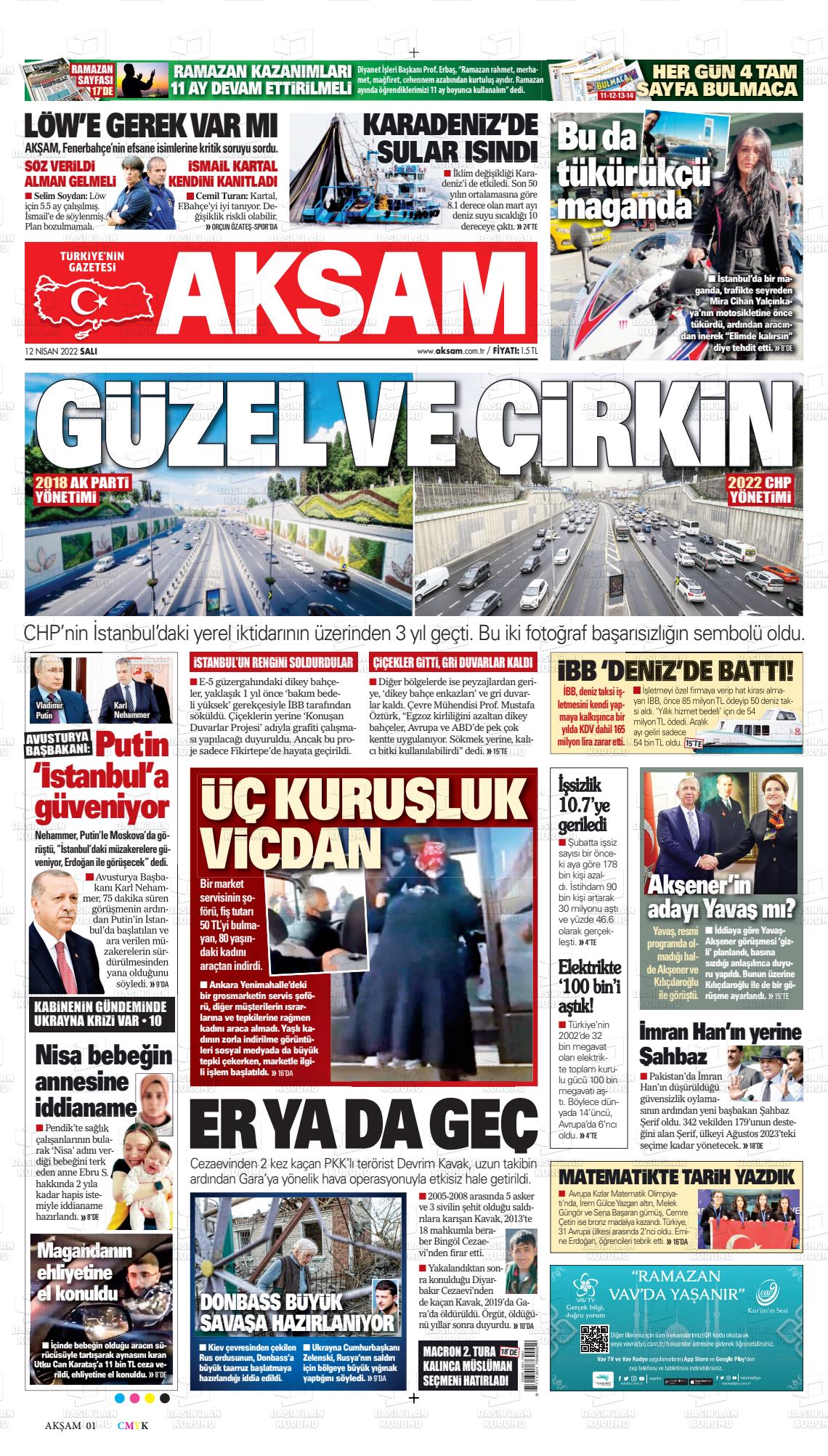 12 Nisan 2022 Akşam Gazete Manşeti