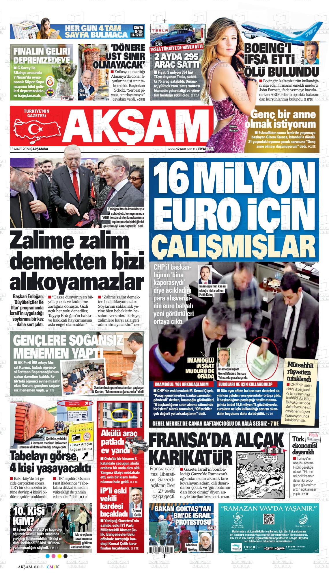 13 Mart 2024 Akşam Gazete Manşeti