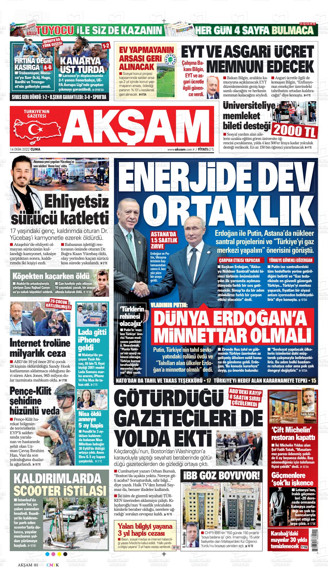 14 Ekim 2022 Akşam Gazete Manşeti