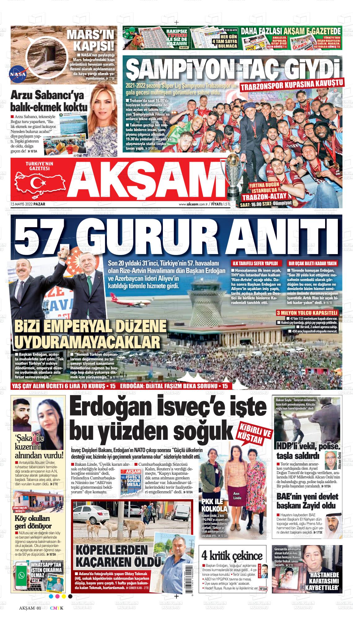 15 Mayıs 2022 Akşam Gazete Manşeti