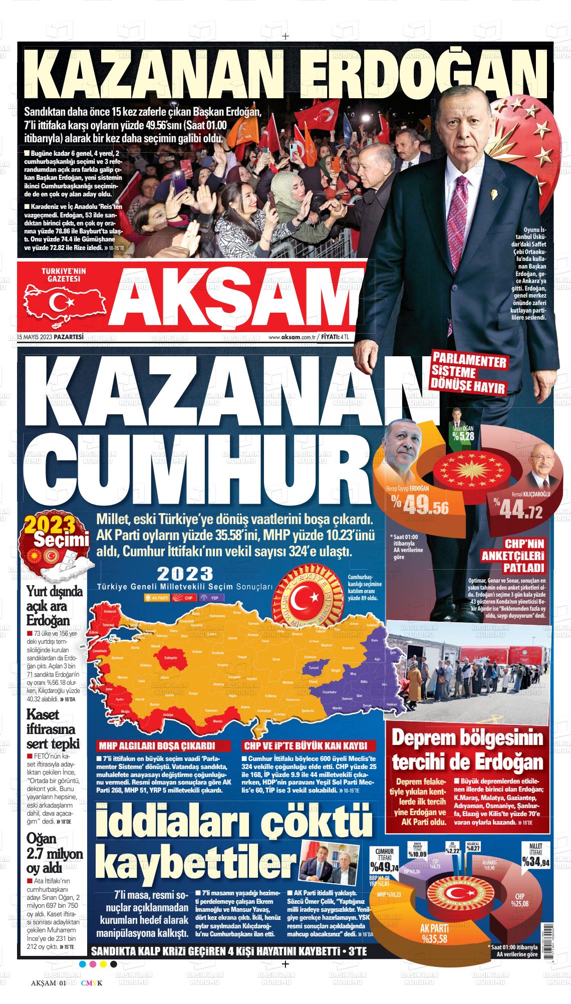 15 Mayıs 2023 Akşam Gazete Manşeti