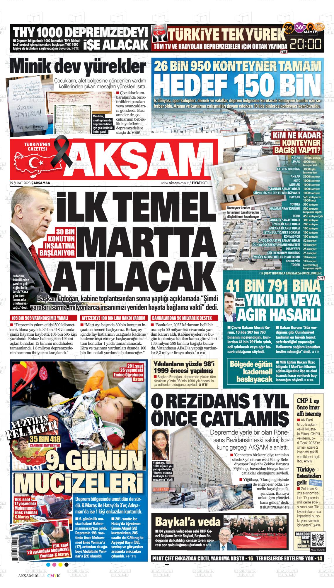 15 Şubat 2023 Akşam Gazete Manşeti