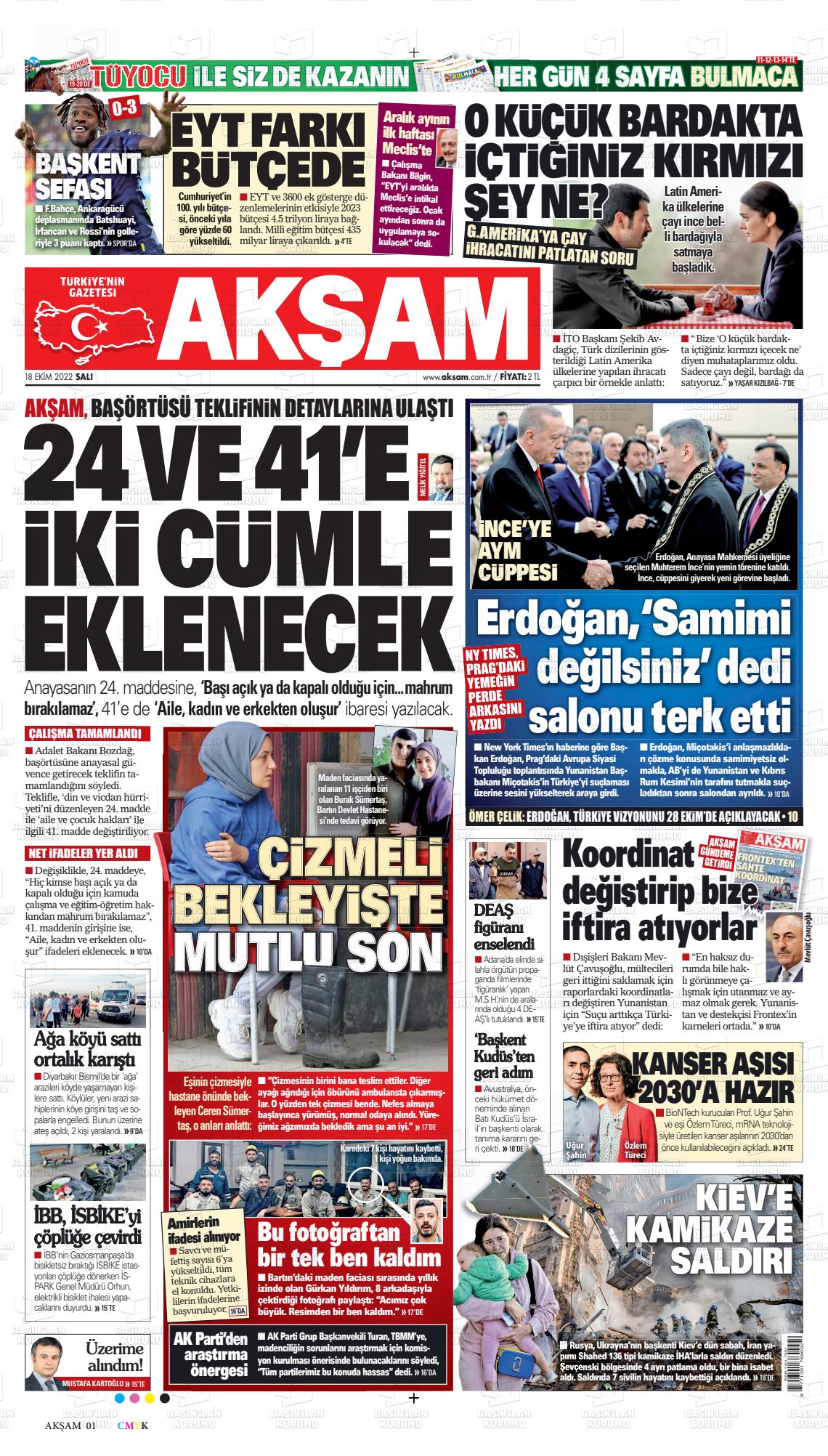 18 Ekim 2022 Akşam Gazete Manşeti