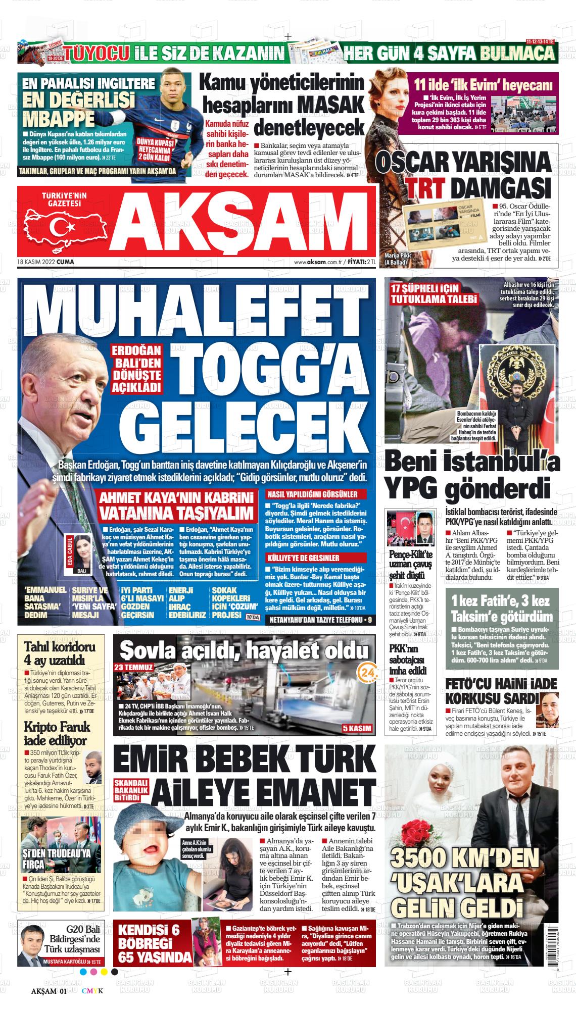 18 Kasım 2022 Akşam Gazete Manşeti