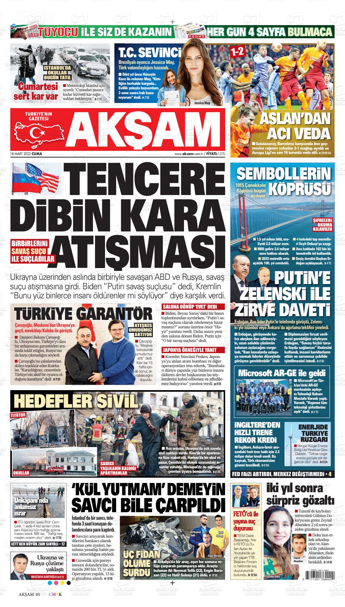 18 Mart 2022 Akşam Gazete Manşeti