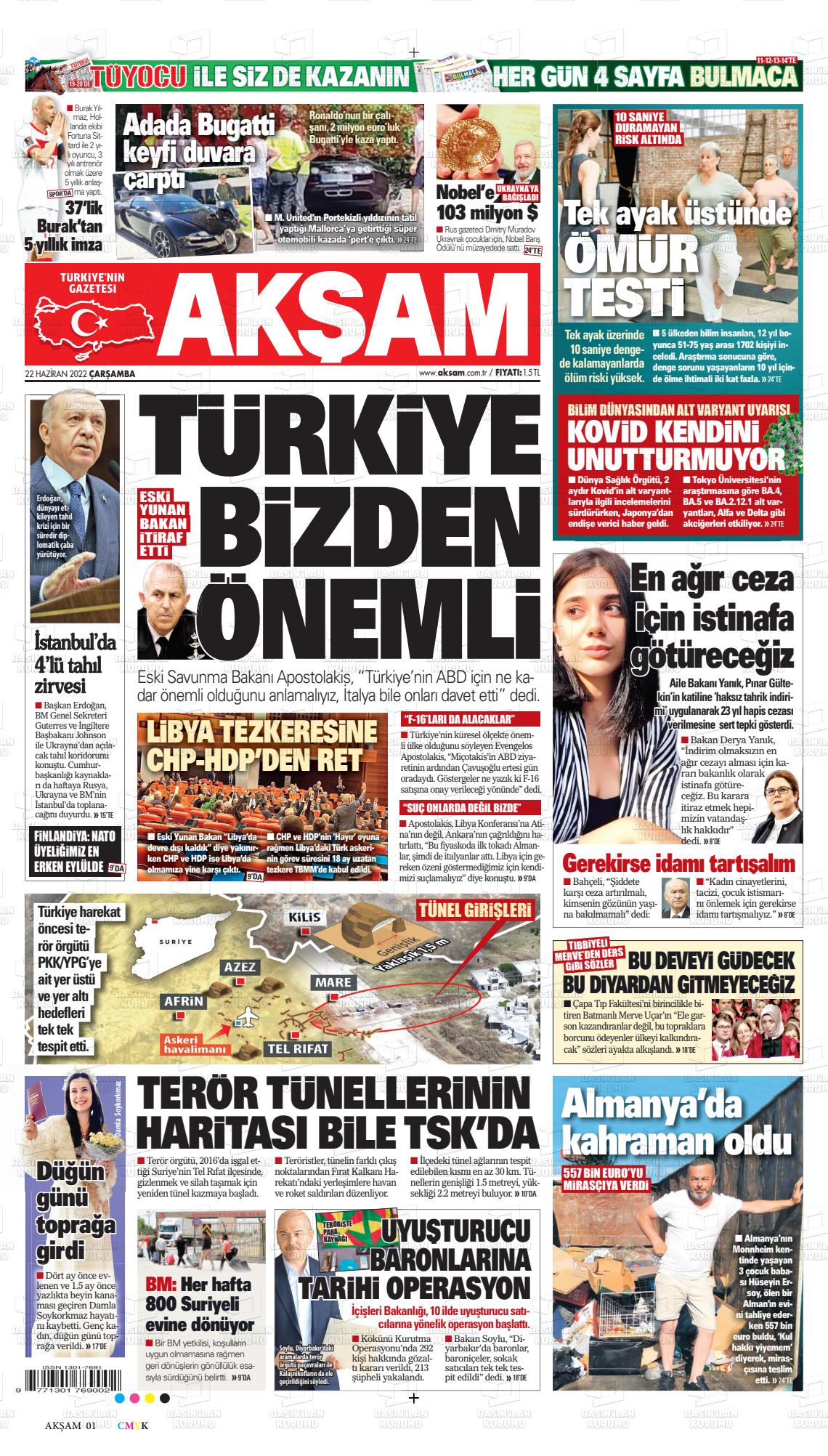 22 Haziran 2022 Akşam Gazete Manşeti