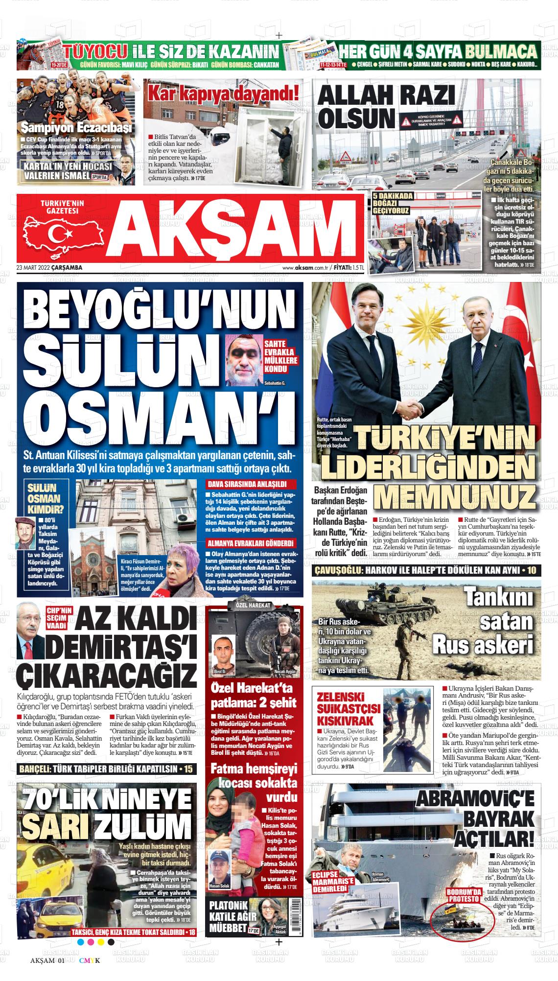 23 Mart 2022 Akşam Gazete Manşeti