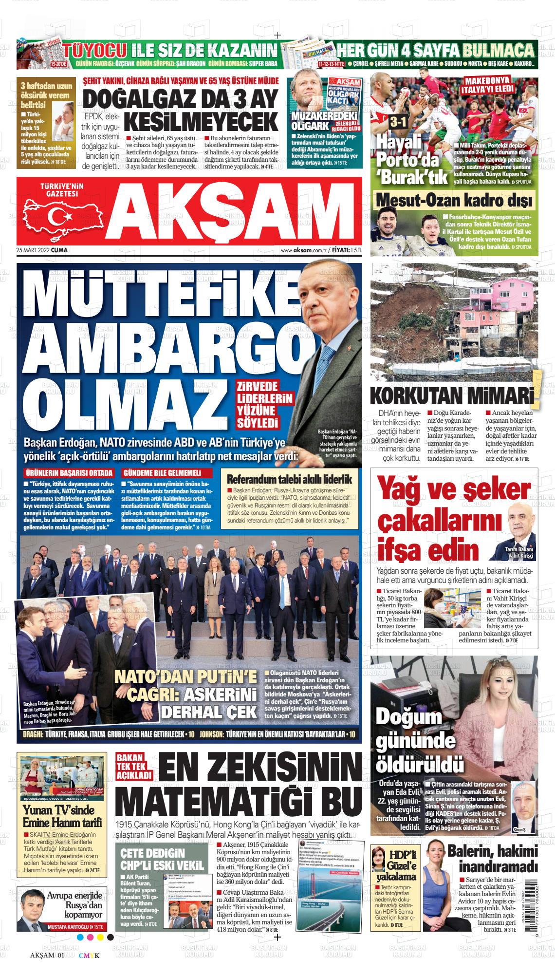 25 Mart 2022 Akşam Gazete Manşeti