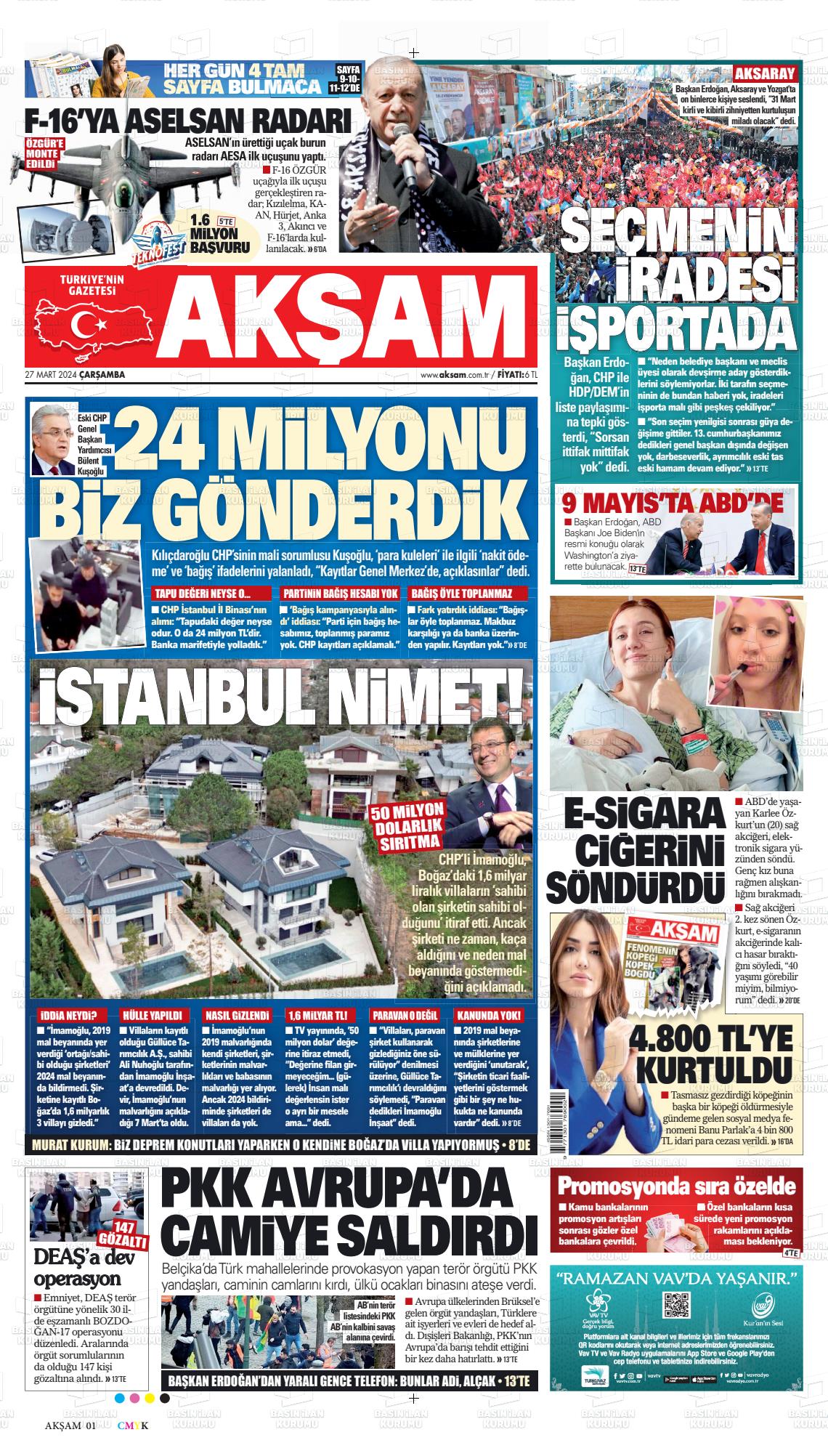 27 Mart 2024 Akşam Gazete Manşeti