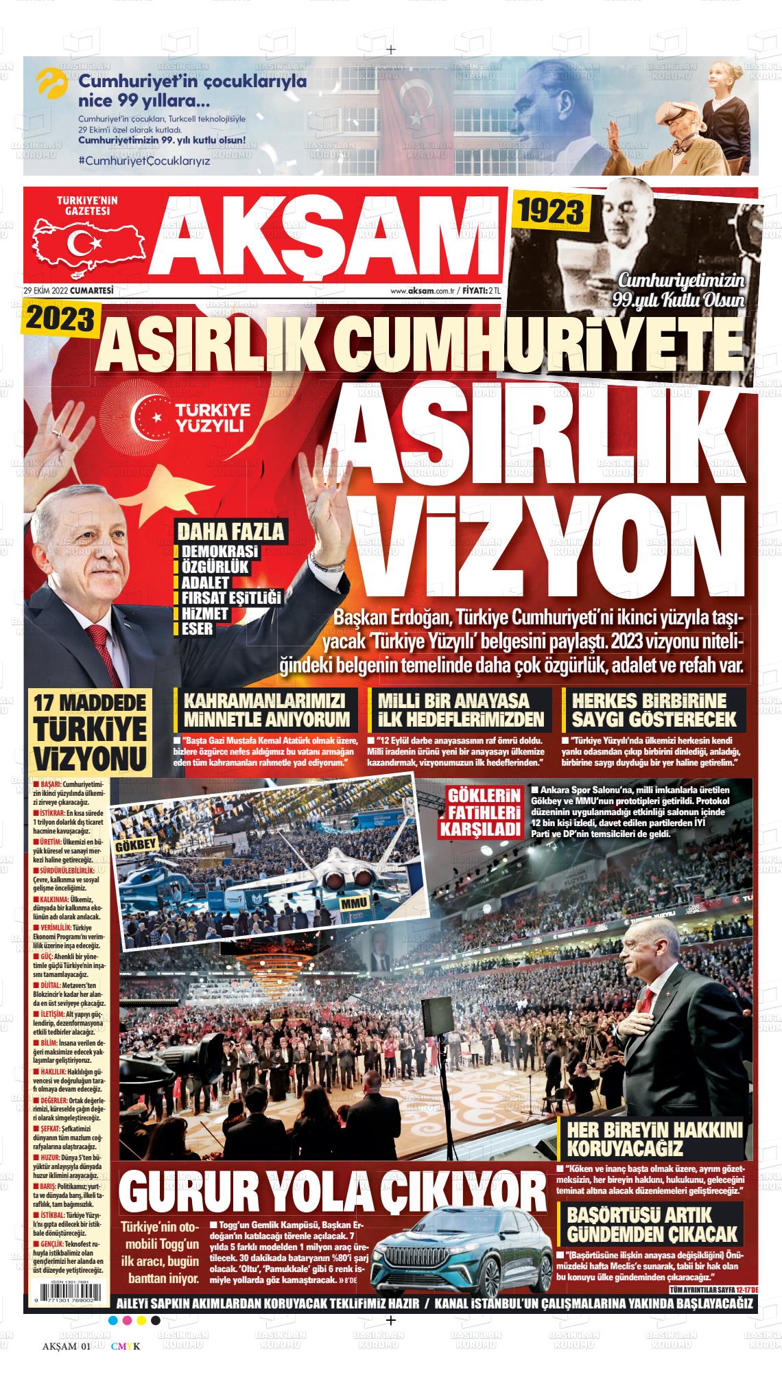 29 Ekim 2022 Akşam Gazete Manşeti