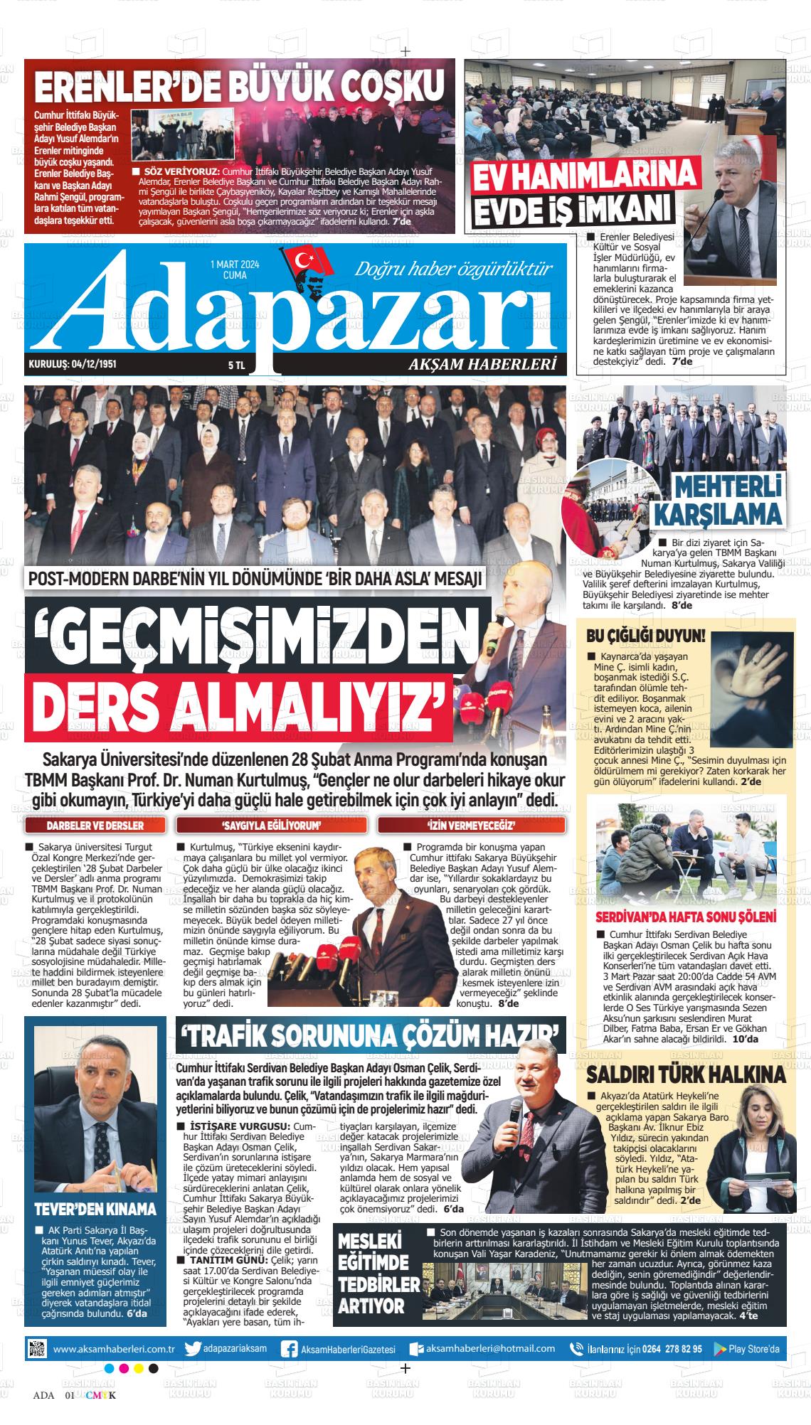 01 Mart 2024 Adapazarı Akşam Haberleri Gazete Manşeti