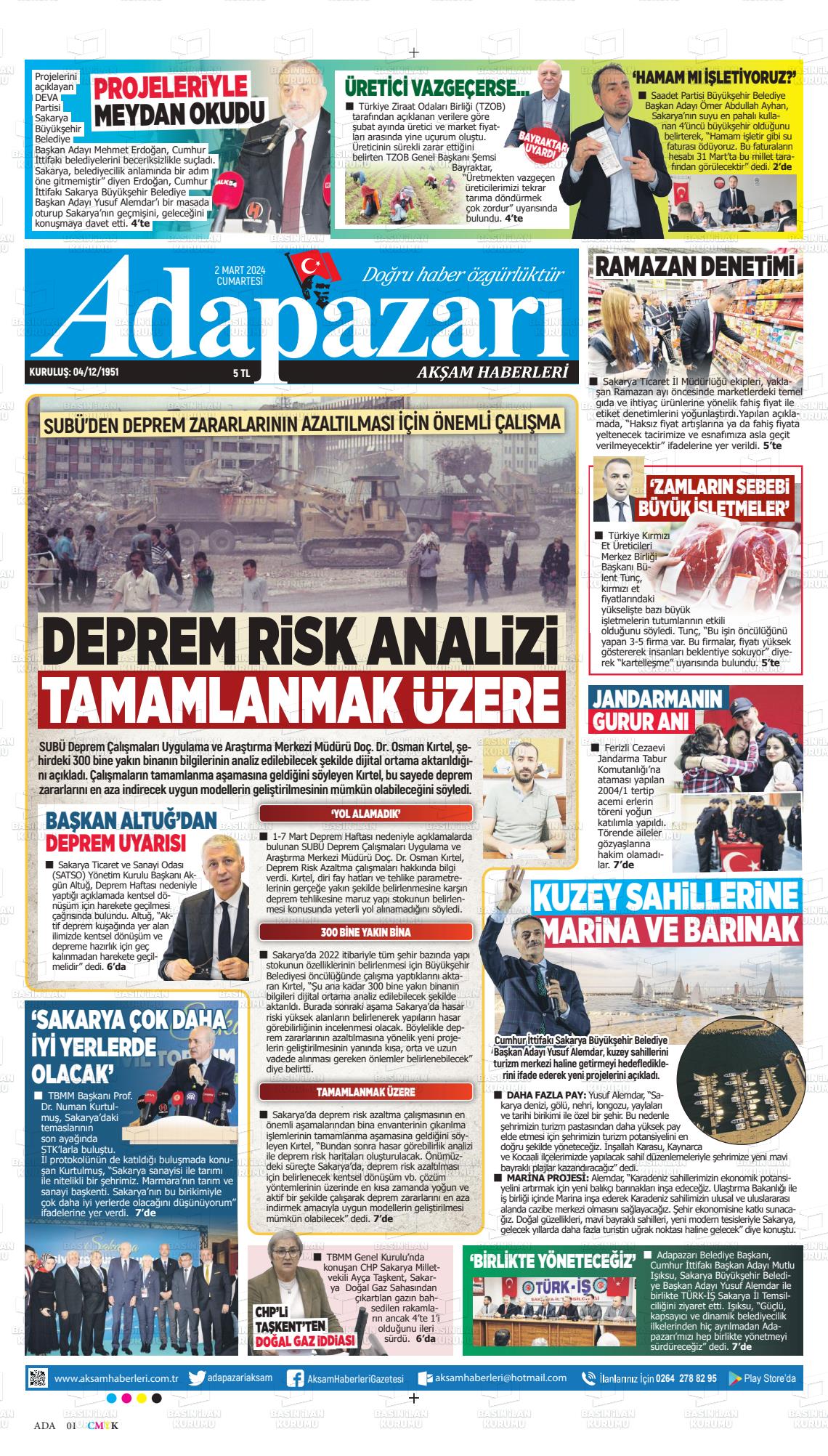 02 Mart 2024 Adapazarı Akşam Haberleri Gazete Manşeti