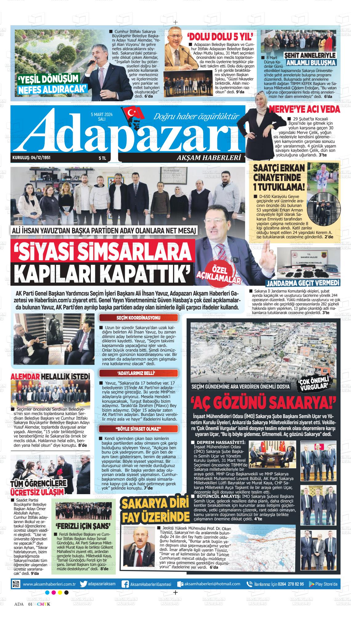 07 Mart 2024 Adapazarı Akşam Haberleri Gazete Manşeti