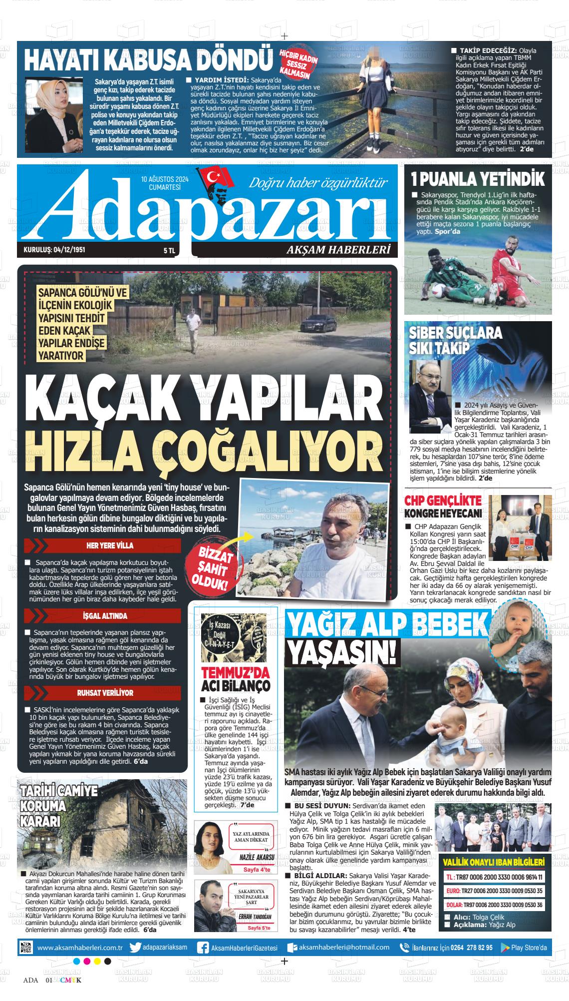 10 Ağustos 2024 Adapazarı Akşam Haberleri Gazete Manşeti