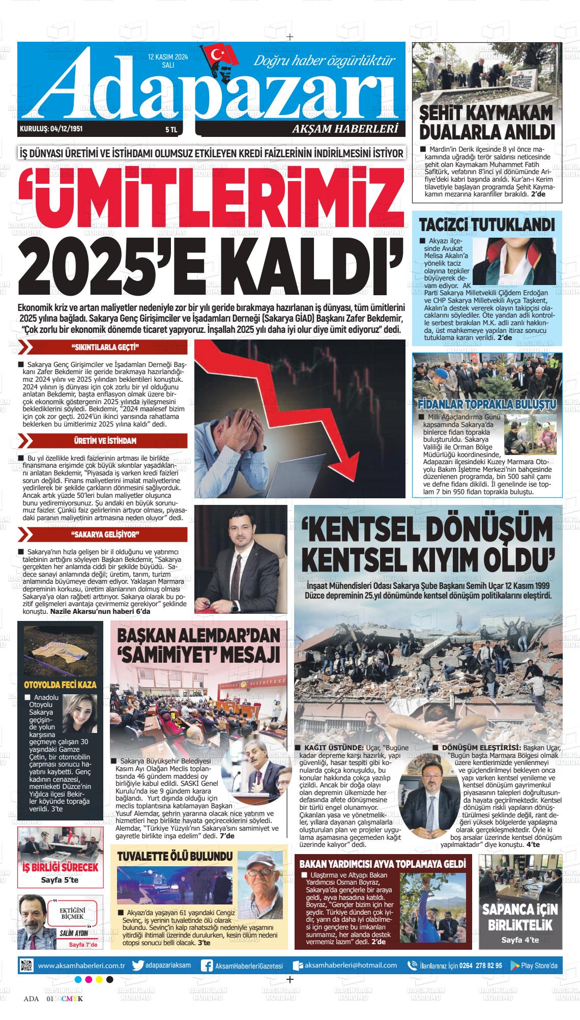 12 Kasım 2024 Adapazarı Akşam Haberleri Gazete Manşeti