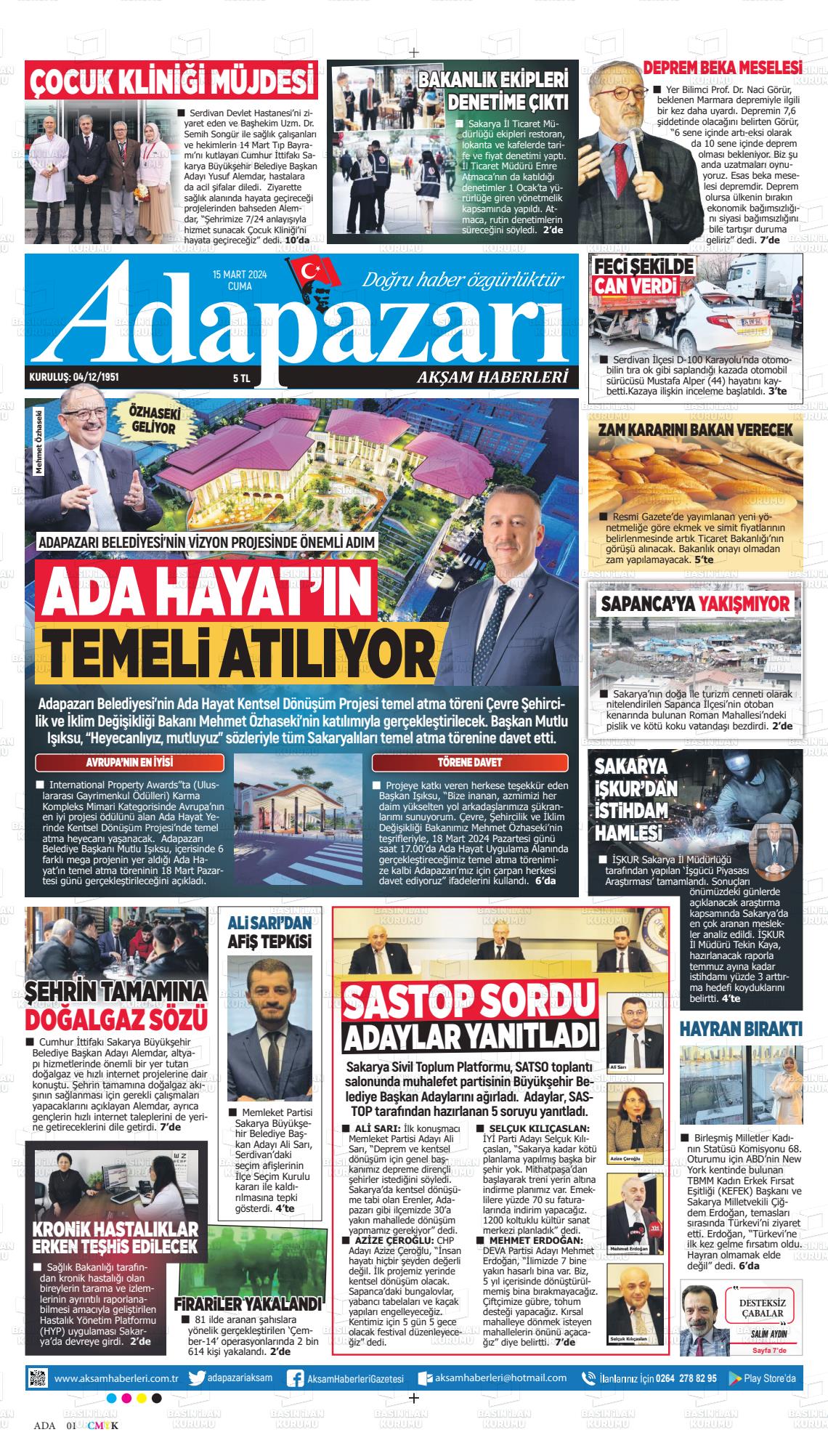 15 Mart 2024 Adapazarı Akşam Haberleri Gazete Manşeti