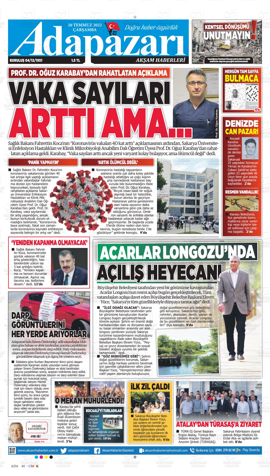 20 Temmuz 2022 Adapazarı Akşam Haberleri Gazete Manşeti