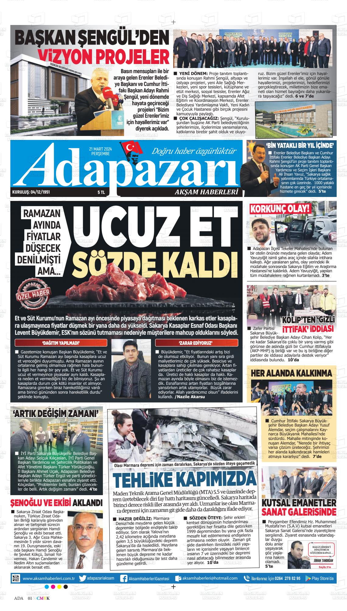 21 Mart 2024 Adapazarı Akşam Haberleri Gazete Manşeti