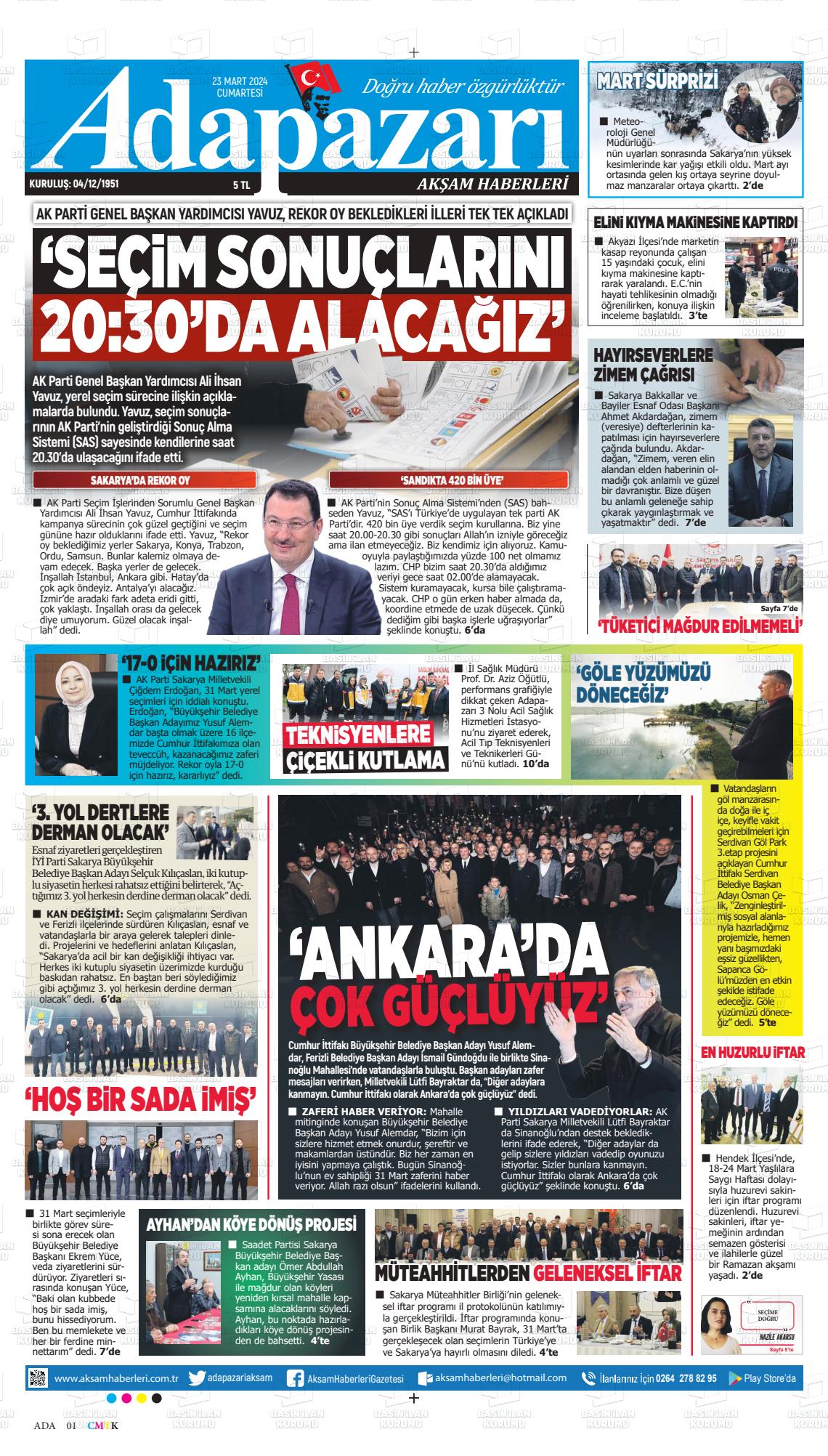 23 Mart 2024 Adapazarı Akşam Haberleri Gazete Manşeti