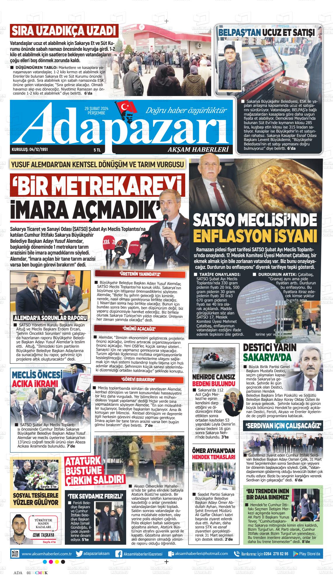 29 Şubat 2024 Adapazarı Akşam Haberleri Gazete Manşeti