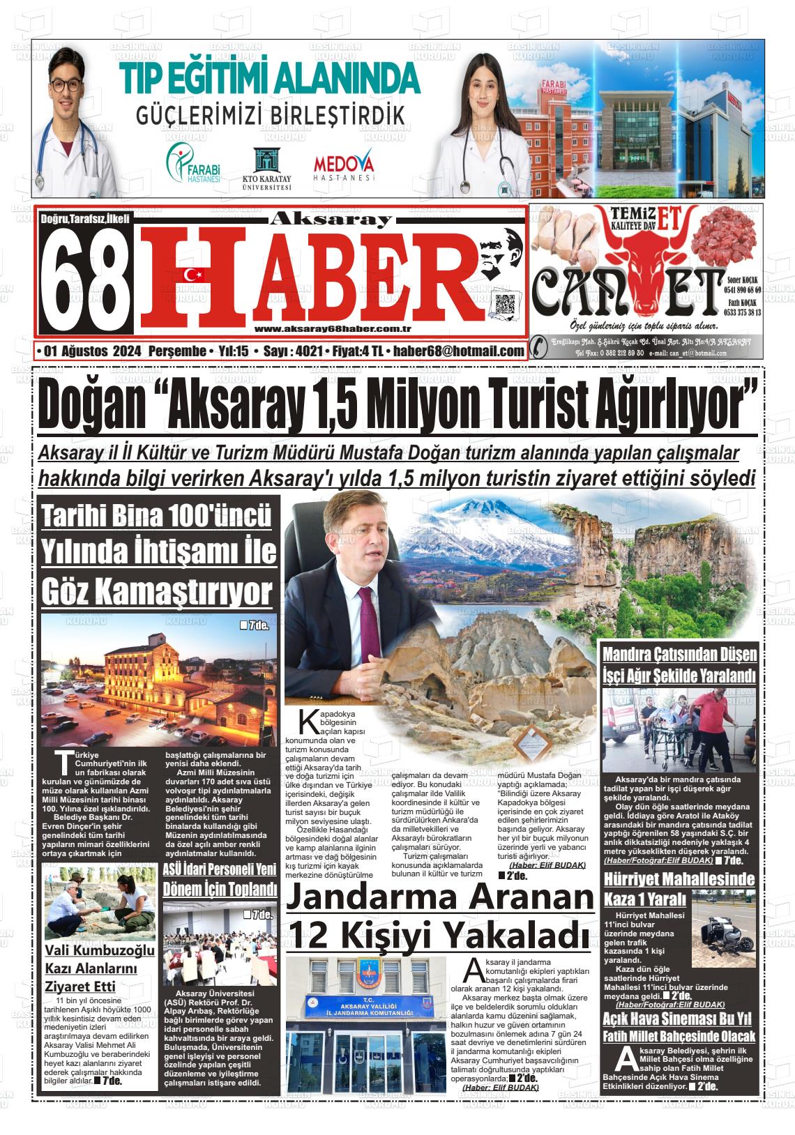 01 Ağustos 2024 Aksaray 68 Haber Gazete Manşeti