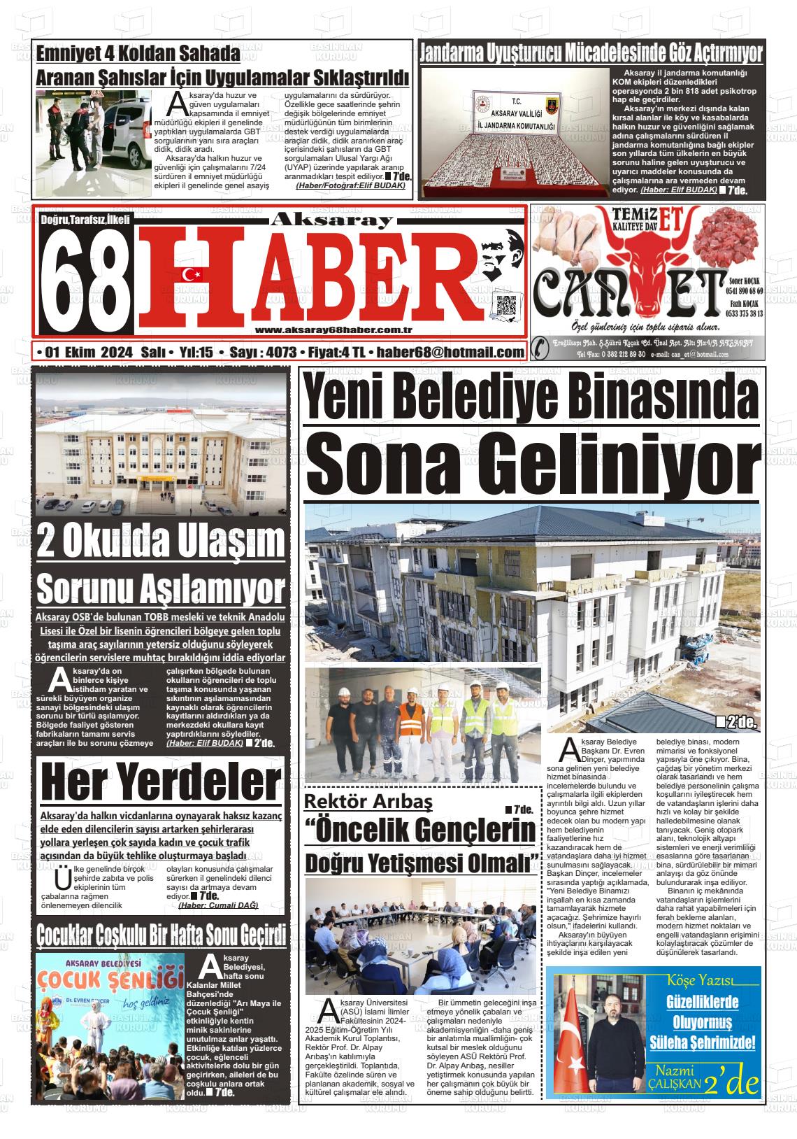 01 Ekim 2024 Aksaray 68 Haber Gazete Manşeti