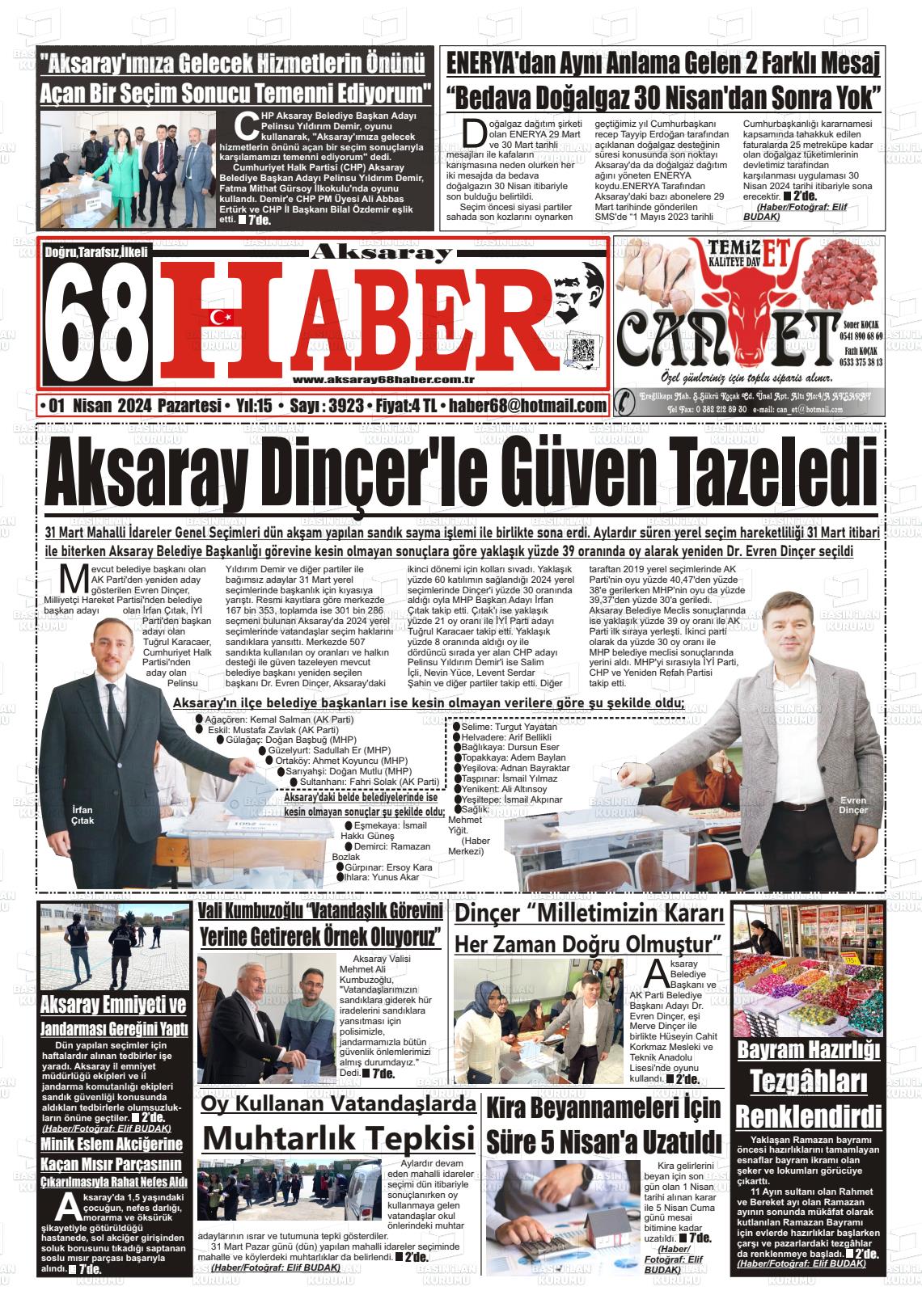 01 Nisan 2024 Aksaray 68 Haber Gazete Manşeti