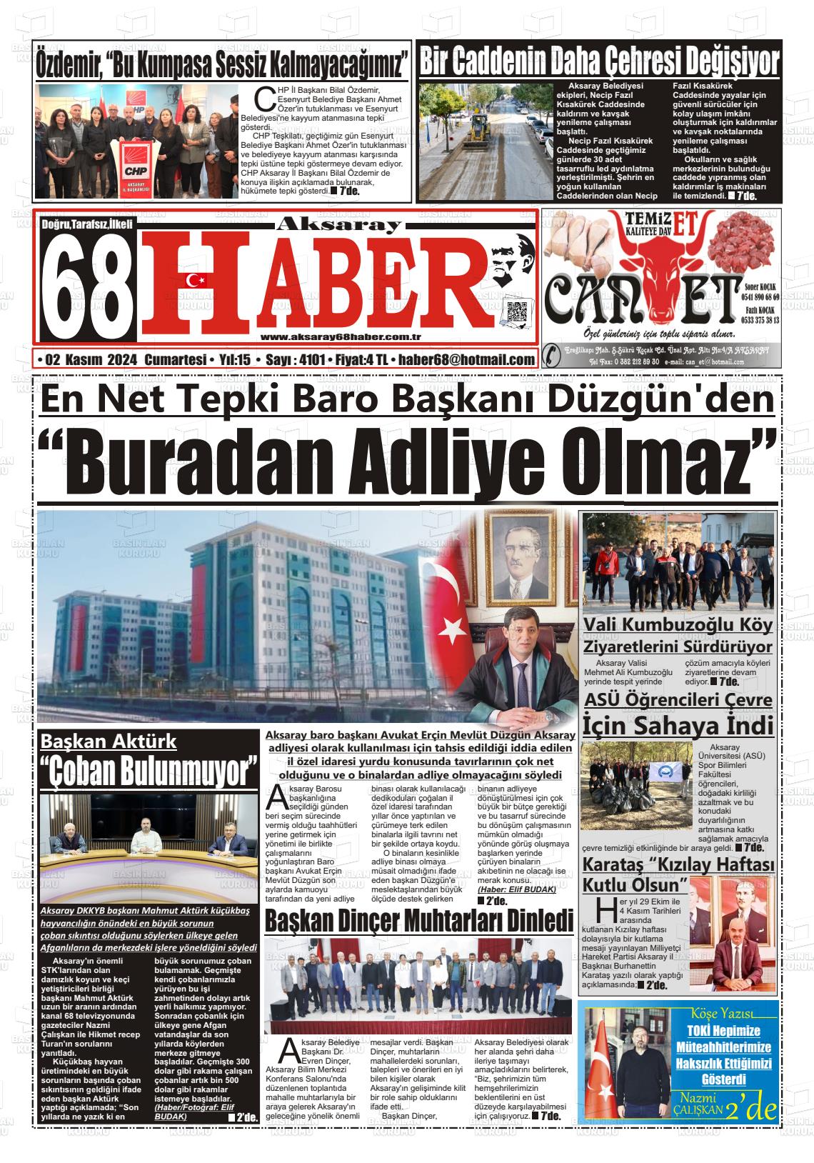 02 Kasım 2024 Aksaray 68 Haber Gazete Manşeti