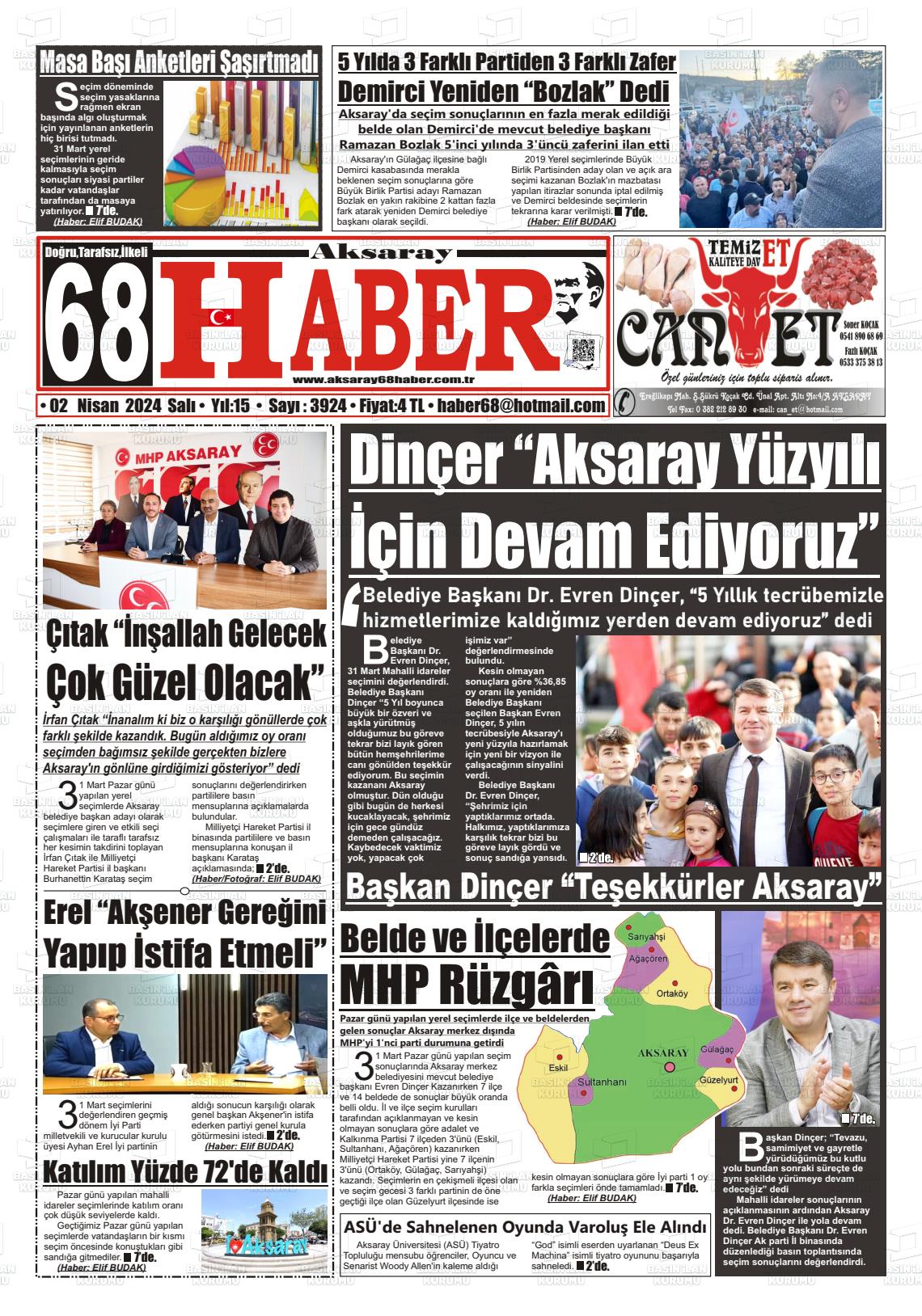 02 Nisan 2024 Aksaray 68 Haber Gazete Manşeti