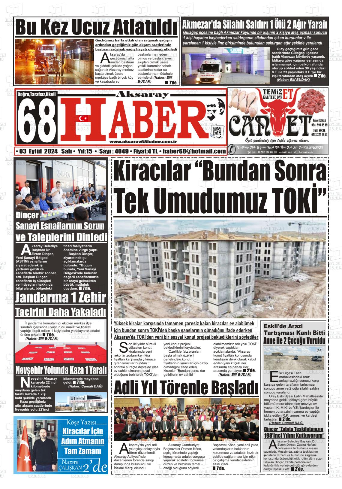 03 Eylül 2024 Aksaray 68 Haber Gazete Manşeti