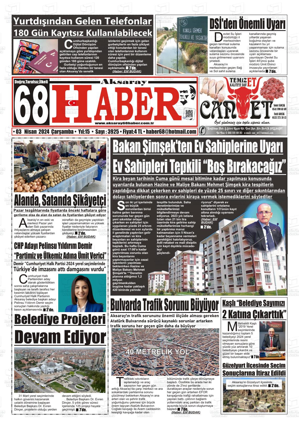 03 Nisan 2024 Aksaray 68 Haber Gazete Manşeti