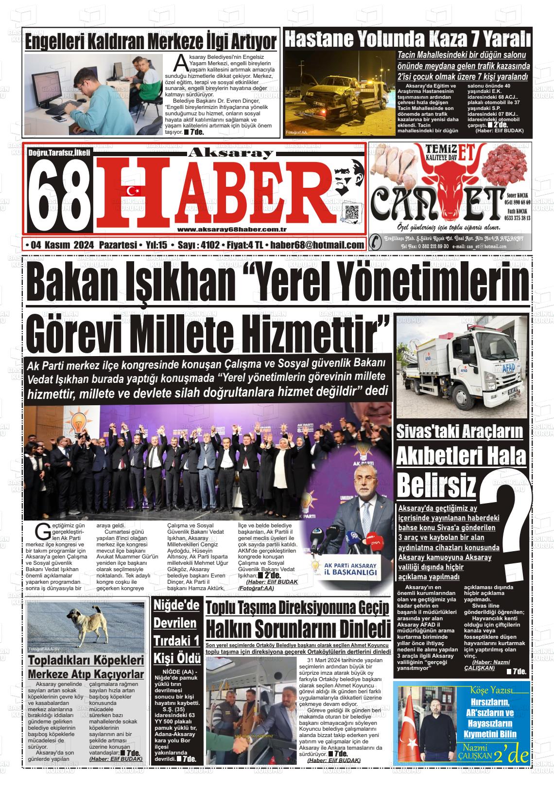 04 Kasım 2024 Aksaray 68 Haber Gazete Manşeti