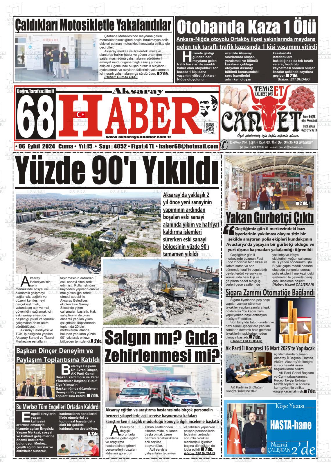 06 Eylül 2024 Aksaray 68 Haber Gazete Manşeti