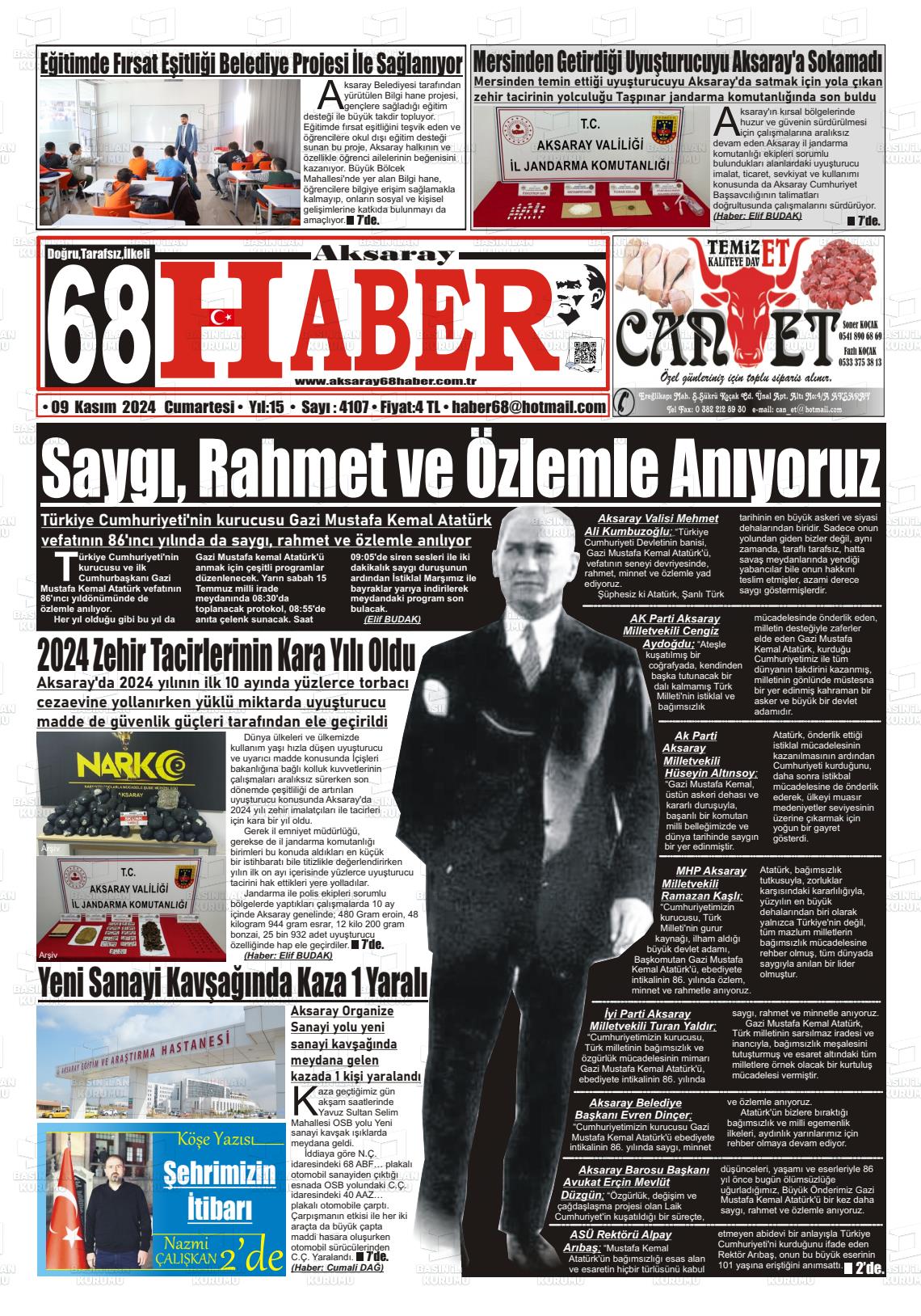 09 Kasım 2024 Aksaray 68 Haber Gazete Manşeti