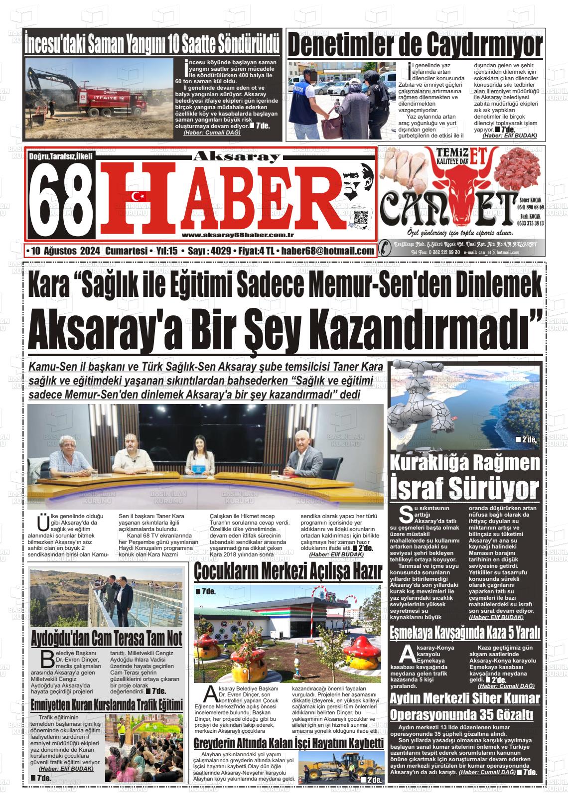 10 Ağustos 2024 Aksaray 68 Haber Gazete Manşeti