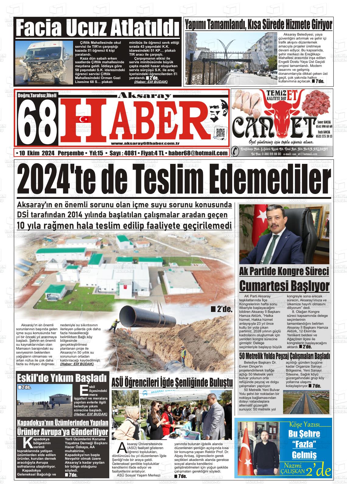 10 Ekim 2024 Aksaray 68 Haber Gazete Manşeti