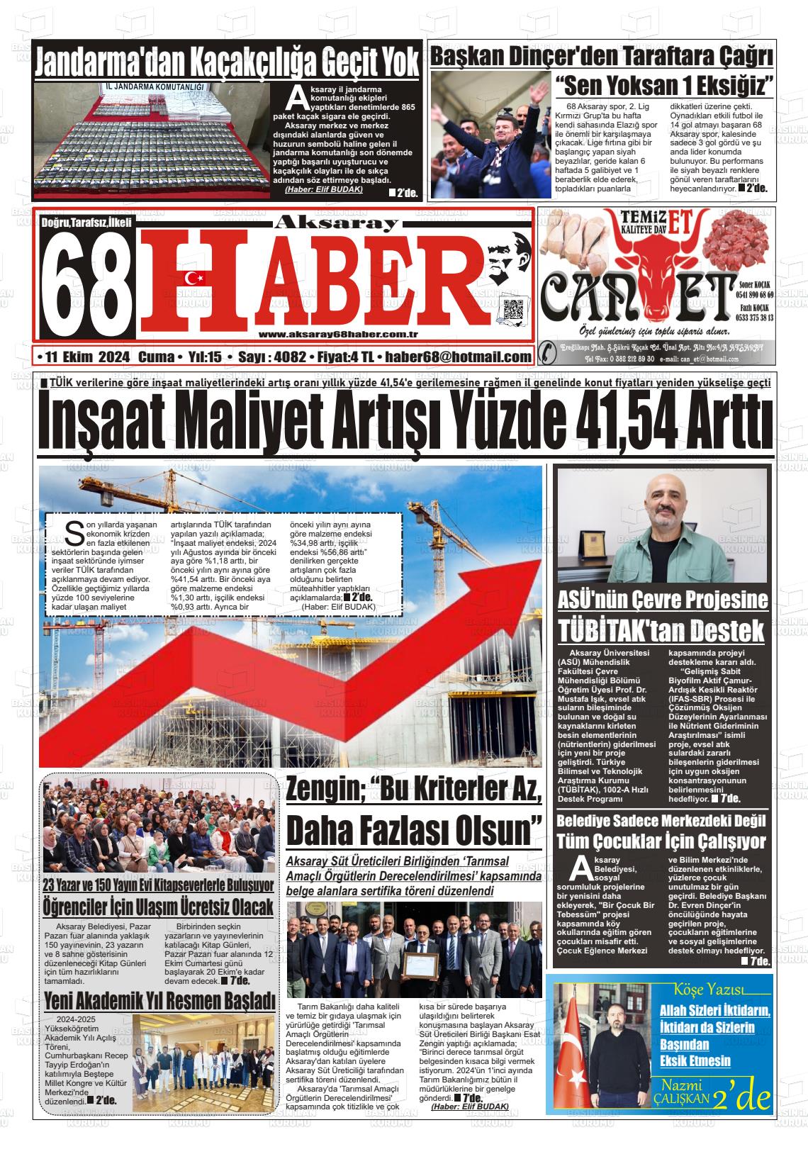 11 Ekim 2024 Aksaray 68 Haber Gazete Manşeti