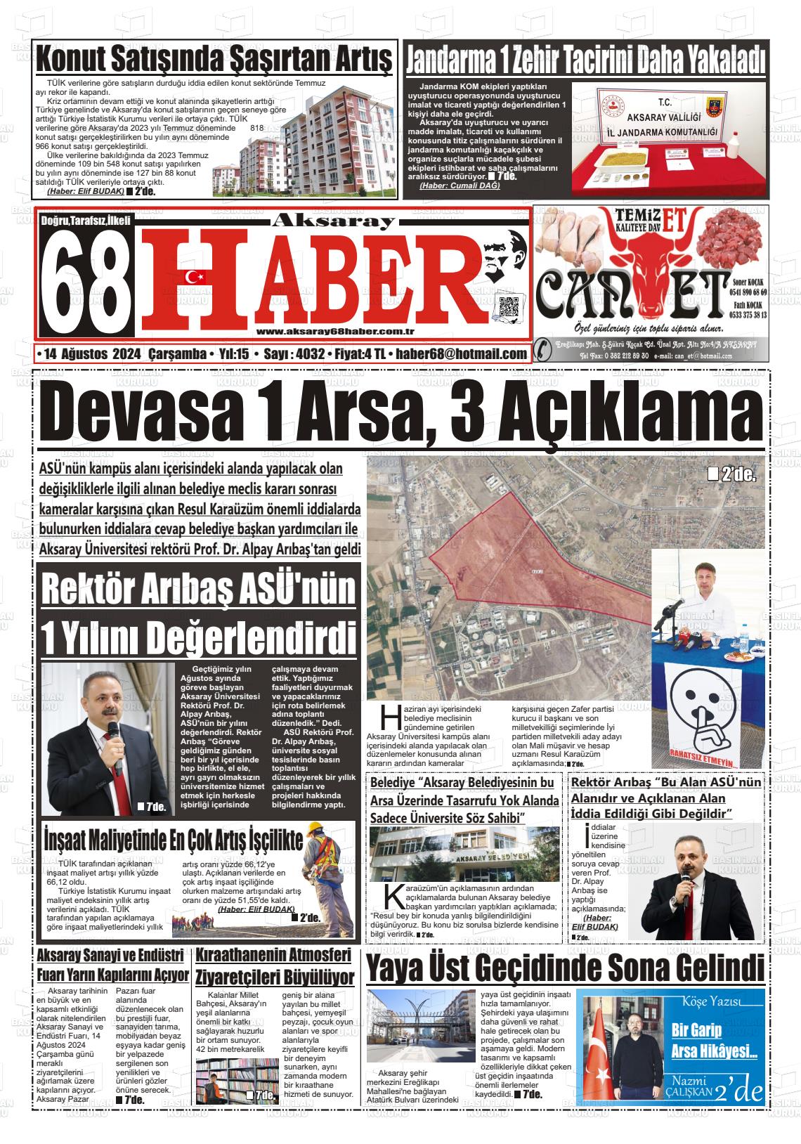 14 Ağustos 2024 Aksaray 68 Haber Gazete Manşeti