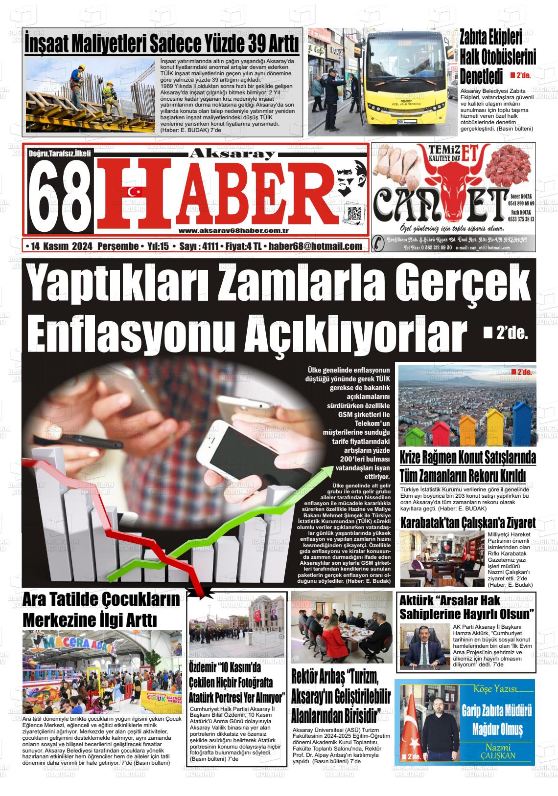 14 Kasım 2024 Aksaray 68 Haber Gazete Manşeti