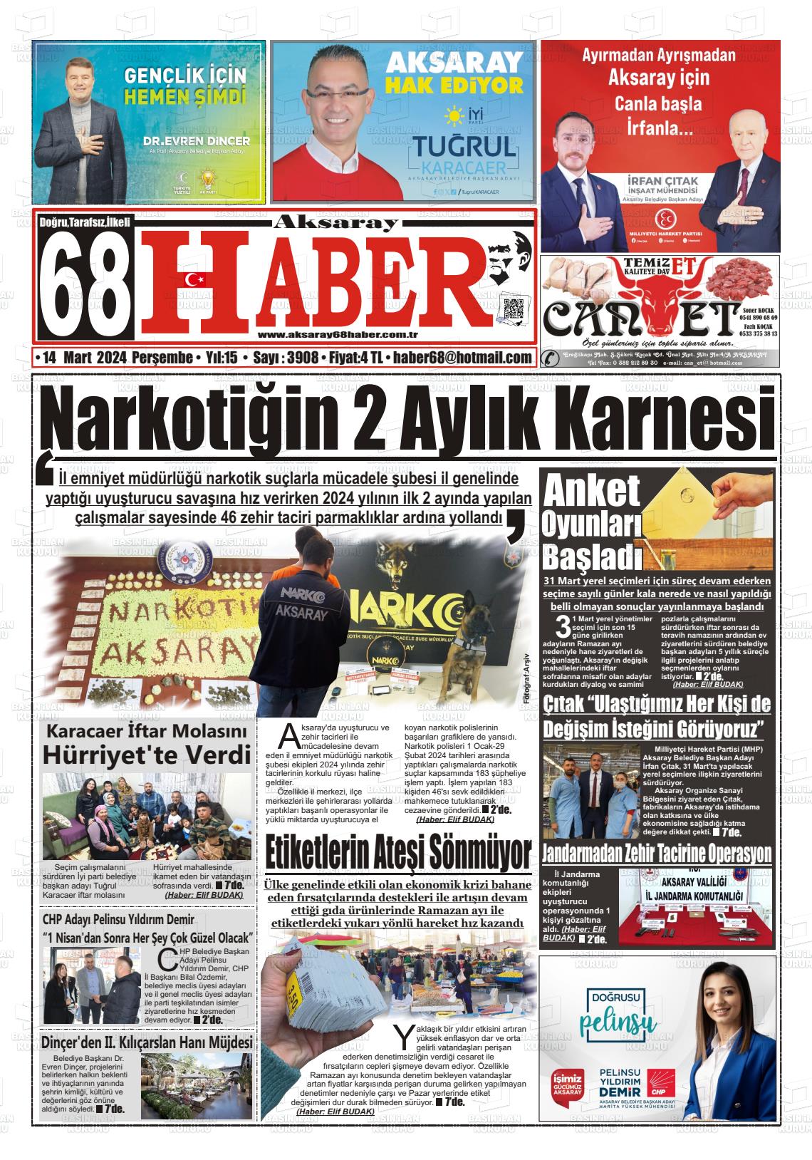 14 Mart 2024 Aksaray 68 Haber Gazete Manşeti