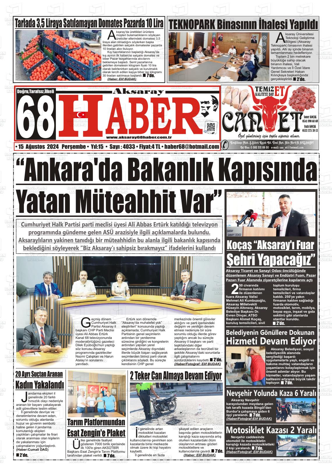 15 Ağustos 2024 Aksaray 68 Haber Gazete Manşeti