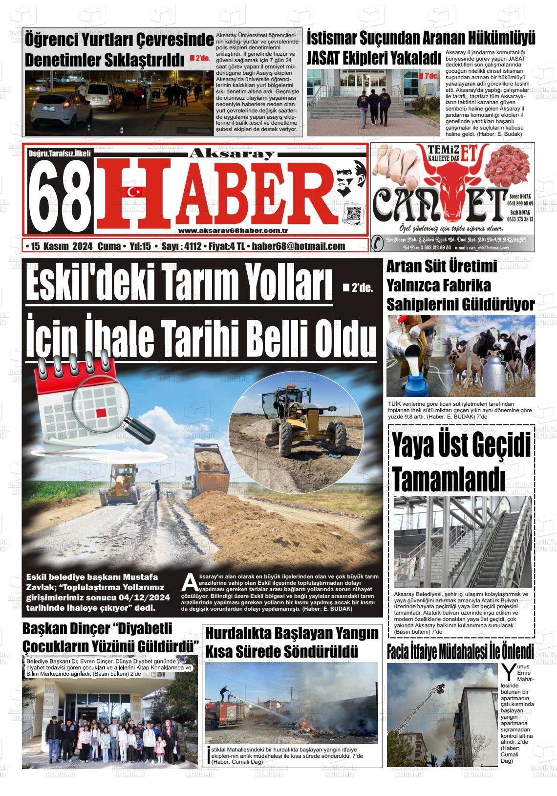 15 Kasım 2024 Aksaray 68 Haber Gazete Manşeti